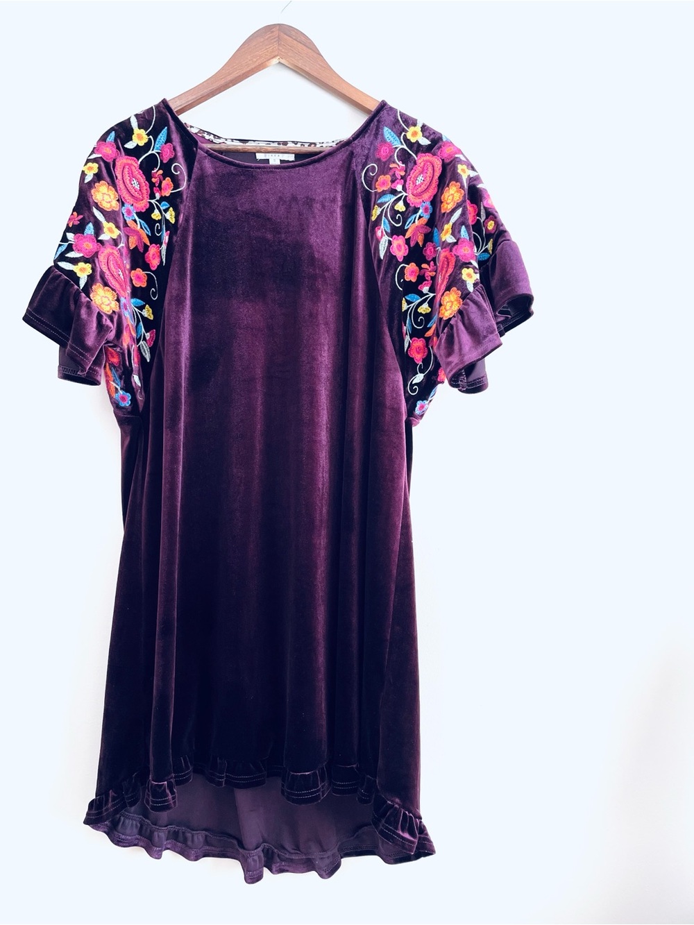 Umgee Velvet Boho Embroidered Sleeve Dress S VERY ROOMY BEAUTIFUL Dark Eggplant